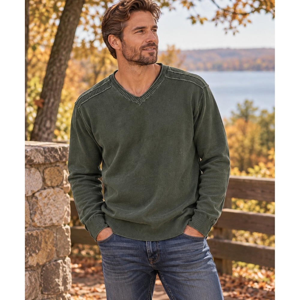 Ruff Hewn Men's XL Green Solid Cotton Knit Ribbed V-Neck Pullover Sweater